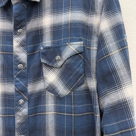 Kuhl Lowdown Blue Plaid Pearl Snap Flannel Button Up Shirt 7210 Mens size Large - Picture 3 of 8